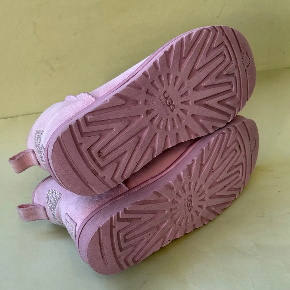 UGG Baby Pink Suede Boots with Rhinestone Bow